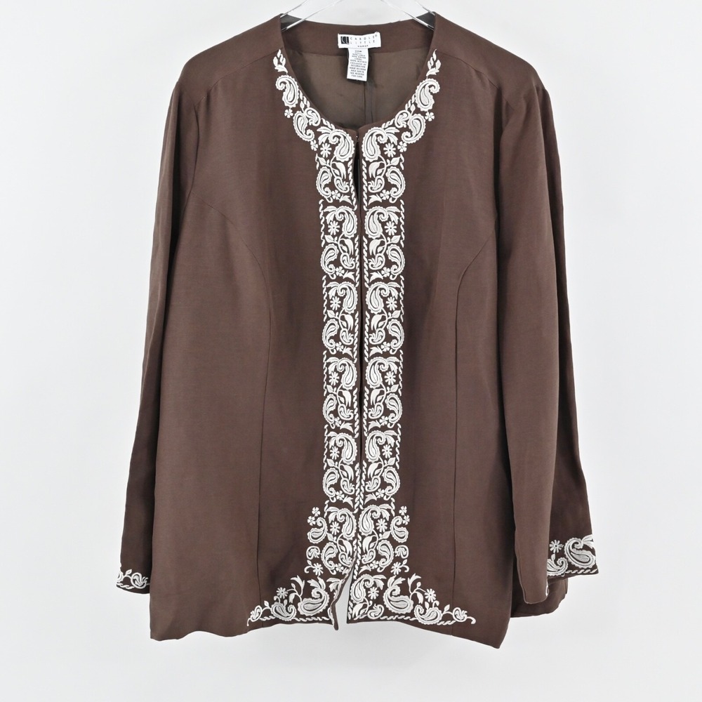CAROLE LITTLE Jacket Womens Size 24W Brown Embroidered Paisley Linen Kimono New